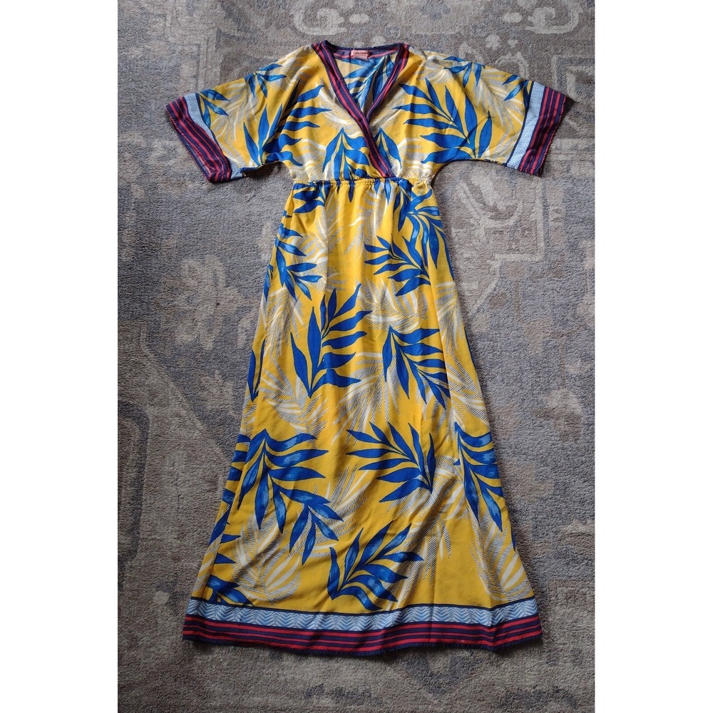 Flying Tomato Yellow Leaf Print Maxi Dress with Blue Accents